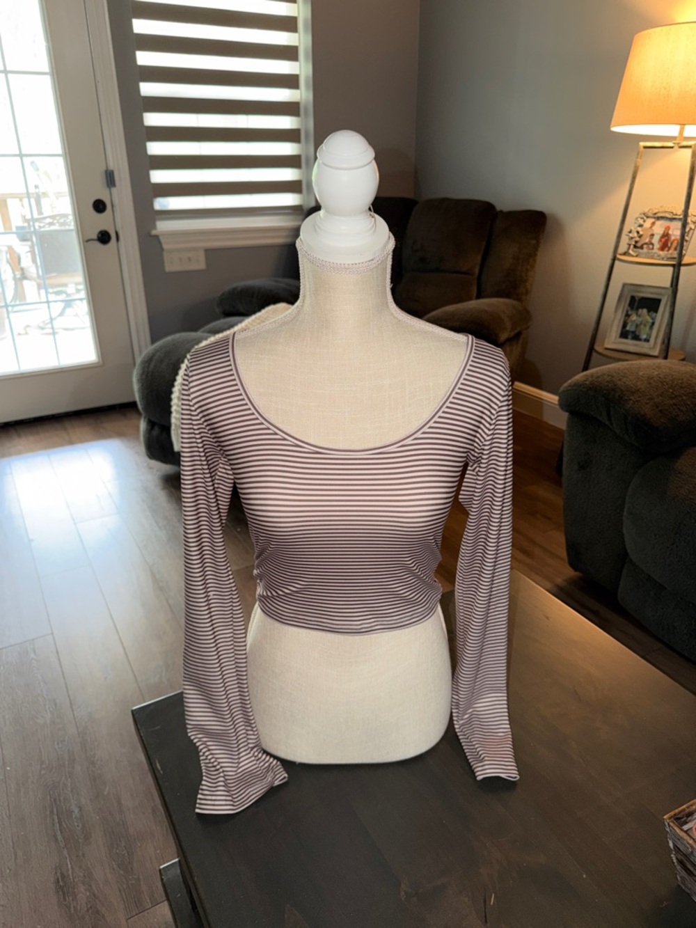 Striped Long-Sleeve Scoop Neck Crop Top in Mauve